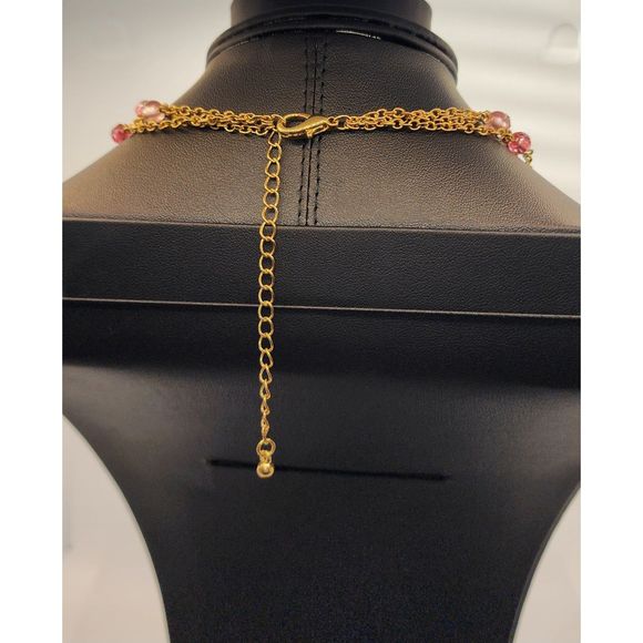 Pink Beaded Layered Necklace with Gold Tone Chain - Picture 4 of 5